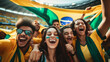 Group of ecstatic Brazilian sports fans cheering passionately at a stadium, showcasing joy and unity.