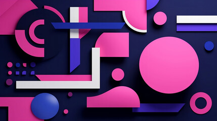 Wall Mural - Abstract minimalist illustration, pink and purple geometric shapes on a black background, white paper cutouts in paper cutout style