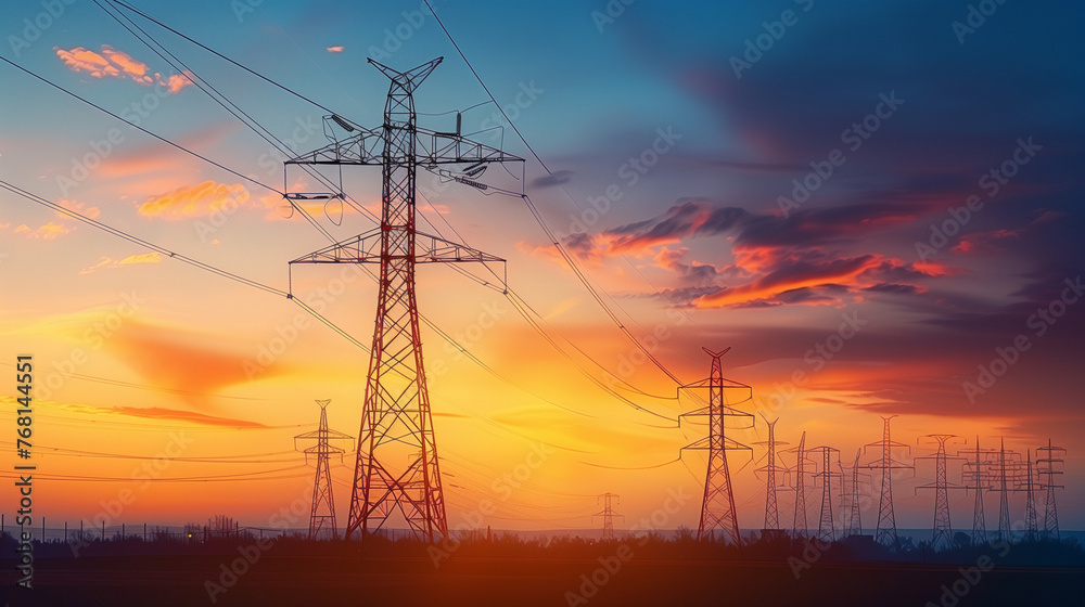 High voltage electric towers with cables silhouetted against a vibrant ...
