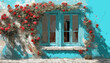 Traditionelle italienische Hauswand mit alten blauen Fenstern und rankenden Rosen. Typische europäische Vintage Postkartenansicht.