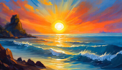 Wall Mural - Oil painting of sunset over the ocean with sun in cloudy sky. Sea waves. Natural landscape.