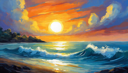 Wall Mural - Oil painting of sunset over the ocean with sun in cloudy sky. Sea waves. Natural landscape.