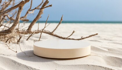 Wall Mural - Empty round beige platform podium and dry tree twigs on white beach sand background