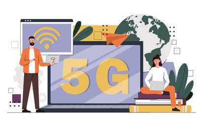 Poster - Gadgets with 5g concept. Man and woman with tablet and laptop. Wireless connection and communication. People with mobile network. Cartoon flat vector illustration isolated on white background