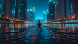 The urban landscape pulses with life, skyscrapers looming overhead as athletes navigate the labyrinthine waterways of the city, neon lights casting an ethereal glow.