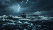 A rowing athlete training on a choppy river during a stormy evening, lightning illuminating the dark sky, waves crashing against the boat, the athlete's face contorted with effort.