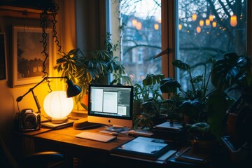 Poster - A neatly organized desk featuring a computer and a lamp to provide illumination, The tranquility and chaos of working from home, AI Generated