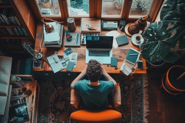 Poster - A person seated at a desk, using a laptop computer for work or leisure, The tranquility and chaos of working from home, AI Generated