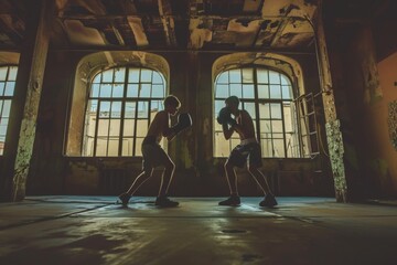 Two men are seen standing next to each other in a room, engaged in conversation, Two young amateurs practicing boxing in a rundown gym, AI Generated