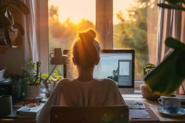 Poster - A woman sits at a desk with a laptop computer in front of her, working or studying, Use of technology for seamless work from home transition, AI Generated