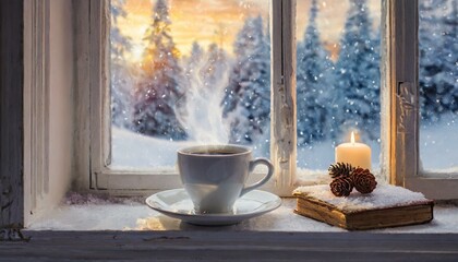 Wall Mural - Winter Warmth: Coffee by the Windowsill, Embracing the Season's Serenity