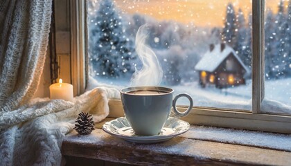 Wall Mural - Winter Warmth: Coffee by the Windowsill, Embracing the Season's Serenity