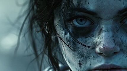 Wall Mural - Zombie girls with dark wet hair and smudged makeup. She has blue eyes and her face is covered in dirt and blood. The background is a mixture of blue and gray.