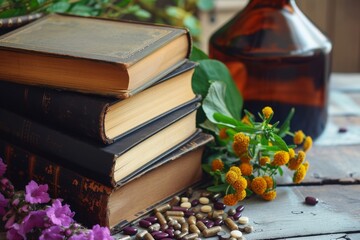 Poster - A neat stack of books placed on a sturdy wooden table, Various holistic medicine books stacked on a table, AI Generated