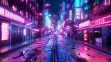 Fototapeta Londyn - Photorealistic 3D illustration of a futuristic city in cyberpunk style, featuring an empty street adorned with neon lights and showcasing a grunge urban landscape.