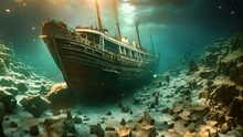 Sunken Ship In The Sea. Underwater World. 3d Rendering, Titanic Shipwreck Lying Silently On The Ocean Floor. The Image Showcases The Immense Scale Of The Shipwreck, With Its Fragmented, AI Generated