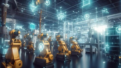 Poster - Smart industry 4.0 concept - Smart factory for fourth industrial revolution with icon graphic showing automation system by using robots and automated machinery controlled via internet, AI Generated