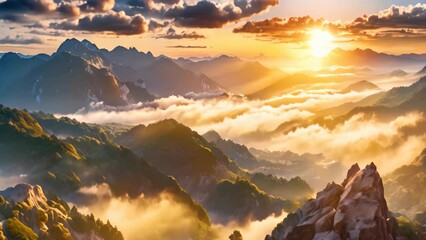 Wall Mural - Mountain landscape. Sunrise over the misty valley. Beautiful nature scenery, Sunrise on a mountain landscape view with clouds, AI Generated