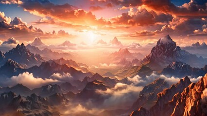 Poster - Fantasy alien planet. Mountain landscape. 3D illustration of a fantasy world, Sunrise on a mountain landscape view with clouds, AI Generated