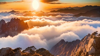 Poster - Sunrise over the clouds in Huangshan National Park, China, Sunrise on a mountain landscape view with clouds, AI Generated