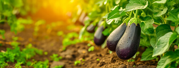 Wall Mural - Fresh Eggplants Growing on Plant in Garden at Sunshine. banner