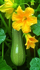 Wall Mural - Fresh Zucchini with Blossoms in Garden After Rain