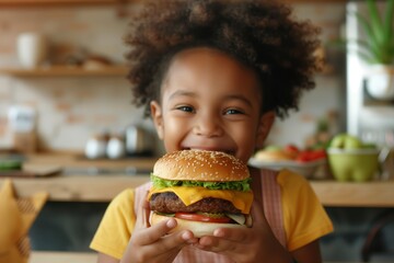 Wall Mural - Cheerful smiling african american little girl with big hearty burger, enjoying in sunny kitchen
