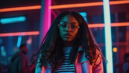 Canvas Print - Portrait of a stylish young black girl in close-up, a girl with straight hair wearing glasses, fashionable clothes