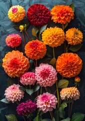 Wall Mural - Top view of colorful dahlias flowers. Gardening and Flowering background.