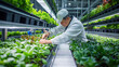 Inside a sprawling hydroponic farm with towering vertical gardens, workers meticulously checking the nutrient levels