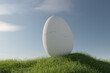 large cracked egg on flower meadow in front of a blue sky. Happy easter concept. 3D Rendering