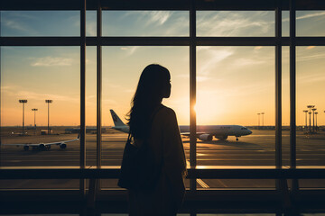 Poster - AI generated picture of young tourist in airport waiting for plane registration check in flight abroad