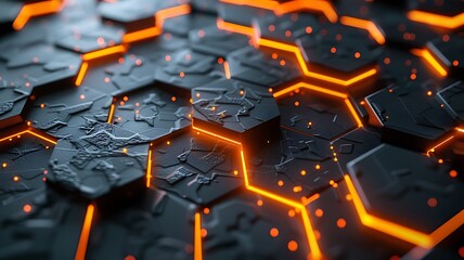 orange glowing hexagons abstract background, futuristic design abstract wallpaper for business technology concept, digital innovation in science & architecture. 3d rendering. illustration.