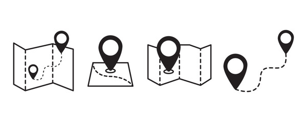 Poster - Map and location symbols set. Mapping icon collection. Geolocation map path distance. GPS cartography position. Pinpoint, map search, route, navigator