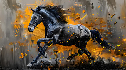 Wall Mural - The background is an abstract artistic background. Vintage illustration with horse and golden brush strokes. Textured background. Oil on canvas. Modern Art. Grey, wallpaper, poster, card, mural,