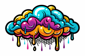 Print ready vector art colorful graffiti illustration of a cloud raining high detail, white backgroun