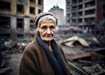 Wall Mural - Portrait of an old woman standing in front of bombed city in east europe