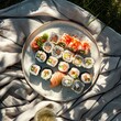 top view of a plate of beautiful premium sushi, focus on sushi, clarity of sushi details. very realistic photo. plate on a picnic blanket, beautiful shadows, summer day