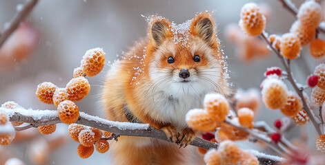 Wall Mural - Red squirrel on a frosty branch with orange berries, winter scene.