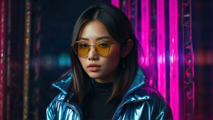 Canvas Print - Portrait of a stylish young asian girl in close-up, a girl with straight hair wearing glasses, fashionable clothes