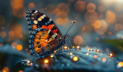 Wall Mural - Vibrant butterfly on dewy surface with soft bokeh background.