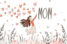 MOM Text Sign With Girl And A Bouquet Of Flowers, Mother's Day Card Concept