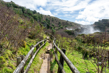 Wooden footbridge winding through sulfur fumaroles in Terceira Island's furnas, Azores.