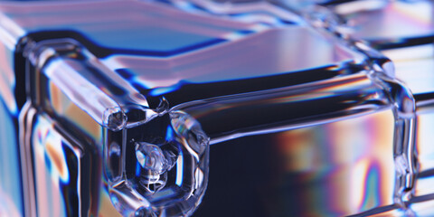 Poster - Glass surface with dispersion and refraction effect. Transparent geometric structure with cubic shapes. Abstract background. 3d rendering