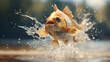 goldfish jumping out of water with splashes of water on background