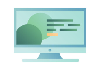 Monitor Website. Promo page of the site on the screen. Slide with content on Desktop. Computer, technology. Monoblock. Gradient Color image. Isolated object. Vector illustration