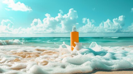 Sunscreen spray on beach with foam waves in foreground