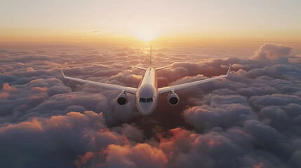 A silver airplane flies high above the clouds at sunset. The sun casts a warm glow on the plane and the clouds below.