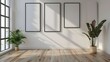  3 empty modern frames for gallery wall mockup, 3d illustration white wall interior 
