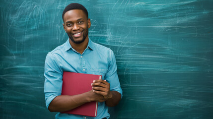 Poster - A smiling young man holds a red notebook against a chalkboard background.